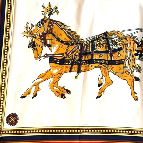 Silky polyester scarf large square designer look red blue gold carriages FLAWS - Picture 6 of 12